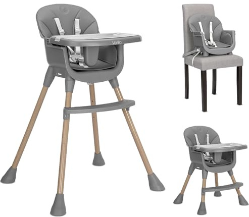 Lorelli 3 in 1 Hochstuhl Baby, Kinderhochstuhl Vanilla, Sitzerhöhung Stuhl Kind, Babystuhl mit 5-Punkt-Sicherheitsgurt, Kinderstuhl, Doppeltablett und PU-Lederbezug, Grau