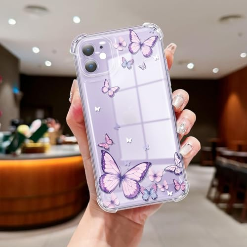 CASBST Clear Case Compatible with iPhone 11, Cute Butterfly Print Protective Cover for Girls Women, Slim Soft TPU Four Corners Shockproof Case for iPhone 11 - Purple Butterfly