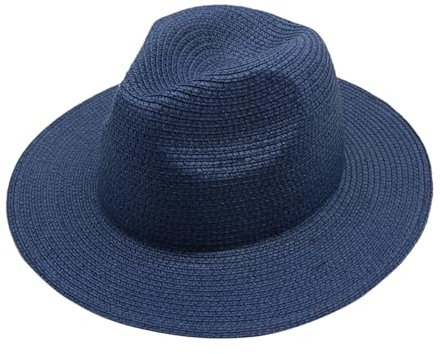 Sombrero Fedora Panamá plegable unisex – Sombrero de paja ajustable de ala ancha para el sol de verano para hombres y mujeres, gorra de playa plegable para viajes, jardinería, trotar, azul marino