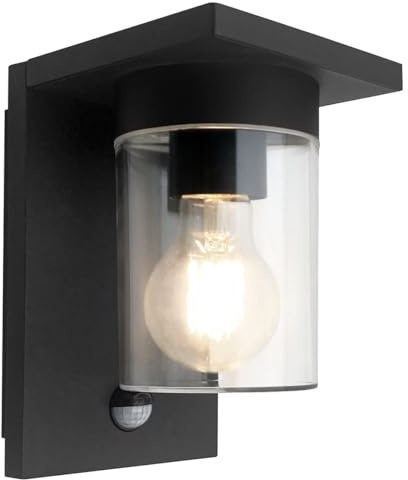 Garden PIR Outdoor Rectangular Wall Light Lantern Black Clear Cylindrical Lamp Shade 4w LED Warm White (ZLC384SEN PIR)