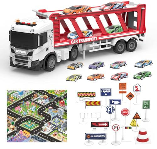 Smart BeBe Autotransporter Spielzeugautos für Jungen mit 8 Autos Spielset mit Karte und Verkehrsschildern ab 3 4 5 Jahre Spielzeugauto für Kinder