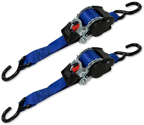 Spear & Jackson RATSTRAP25 Auto Retractable Ratchet Straps - Self-Retracting Tie Downs - 25mm x 3m - Twin Pack (Set of 2 x Straps)