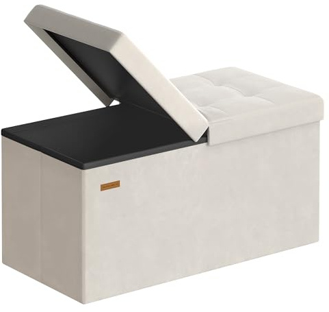 SONGMICS Puff Almancenaje, Banco Almacenaje Plegble, 38 x 76 x 38, Tapa Abatible, Taburete con Reposapiés, Carga 300 kg, Entrada, Salón, Dormitorio, Tela de Terciopelo, Beige Capuchino LSF048LH01