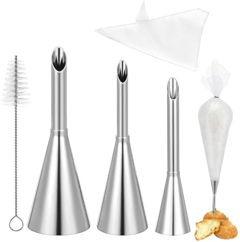 KFHENSOMR Puff Cream Filling Piping Tip 3 Pcs, Long Puff Nozzle Tips & 50 Disposable Pastry Piping Bags with Injector Tip Cleaning Brush for Donuts Cupcakes Cream Puffs Eclairs