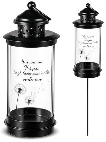 Nezyo Grablaterne mit Erdspieß Grablaterne Friedhof Wetterfest 49,5 cm | Grablampe, Laternen für Draußen, Laterne auf Stab, Grablicht mit 2 Aufkleber, Grabschmuck für Opa Oma Papa Mama, Schwarz