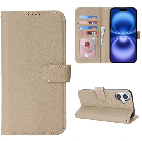 CAVOR Handyhülle kompatibel mit iPhone 16 Hülle,Flip Echtleder Geldbörse Hülle,[4 Kartenfächer][Schnalle][RFID-Blocker],Klapphülle Handytasche - Hellgrau