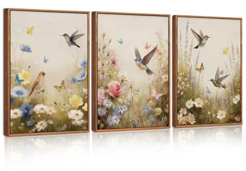 Celestdeco Boho Voegel Blumen Vintage Wandbild Gerahmt Natur 30x40cmx3