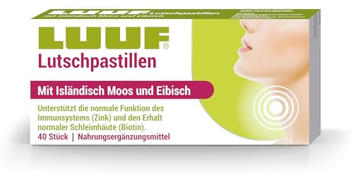 LUUF Halspastillen Isländisch Moos für Hals, Rachen -Lutschpastillen 40 Stk | Mit Eibischwurzel, Holunder, Zink und Biotin - balsamartiger Schutzfilm bei trockenem Hals, zuckerfrei, ab 6 Jahren