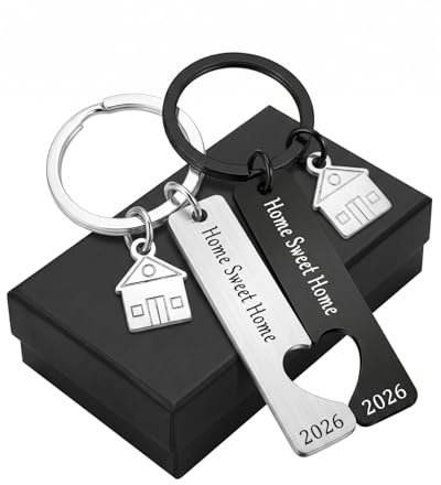 FIMWOLZ Schlüsselanhänger 2026 für Paare, 2 Stück Edelstahl, Personalisiertes Einweihungsgeschenk für Neues Zuhause. Langlebiges Haus-Schlüsselring-Set mit schwarzer Geschenkbox.