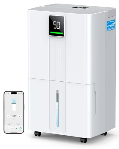 Energy Star 2025 Deumidificatore Wi-Fi più efficiente da 5000 mq, max 80 pinte, deumidificatore intelligente per seminterrato con tubo di scarico, umidostato intelligente, sbrinamento automatico per