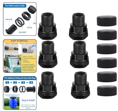 MoSundi Confezione da 6 raccordi per paratia da 3 4 pollici maschio GHT a 1 2 pollici femmina NPT, adattatore filettato in plastica resistente per serbatoio d'acqua per acquario, nero