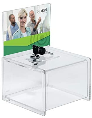 SIGEL VA151 abschließbare Spendenbox / Losbox, aus hochwertigem und besonders stabilem Acryl, 15 x 15 x 21,2 cm, mit Einstecktafel für A6 quer