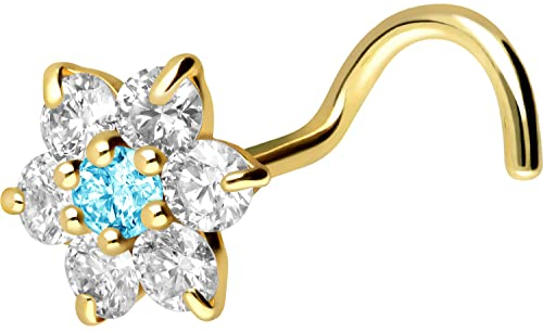 PIERCINGLINE 18 Karat Gold Nasenpiercing Spirale MOISSANIT-BLUME | Piercing Nase Stecker | Gelbgold Hellblau