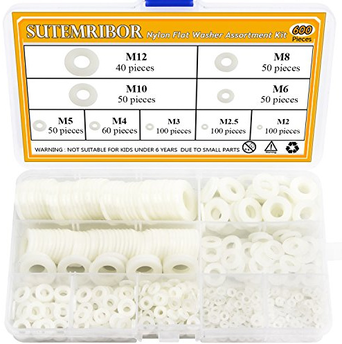 Sutemribor nylon piatto rondella assortimento set 600 pezzi, 9 formati – m2 m2.5 m3 M4 M5 M6 M8 M10 M12