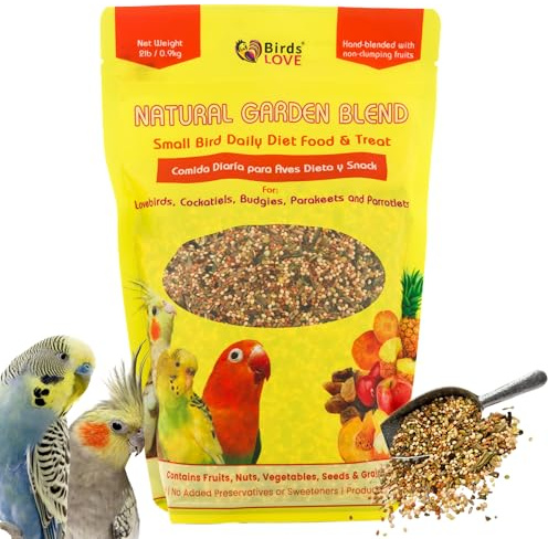 Birds LOVE Natural Garden Blend Bird Food for Small Birds, 2 lb - Hand Packed in USA, Natural Mix with Fruits, Seeds & Grains for Lovebirds, Cockatiels, Budgies & Parakeets