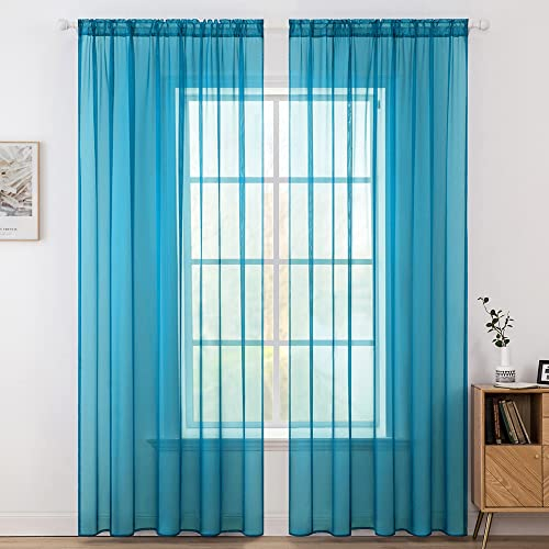 MIULEE Voile Vorhang Transparente Gardine aus Voile Einfarbig Stangendurchzug Transparent Wohnzimmer Luftig Dekoschal für Schlafzimmer 2er Set 245 x 140cm (H x B), Rod Pocket Blau Türkis