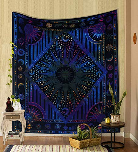 THE ART BOX Indie Wandteppich Baumwolle Mandala Wandbehang Deko Teppich Aesthetic Room Decor Dekoration Wohnzimmer Indische Tücher Schlafzimmer Deko, Blaues Neon Neon, 135x210 Cm