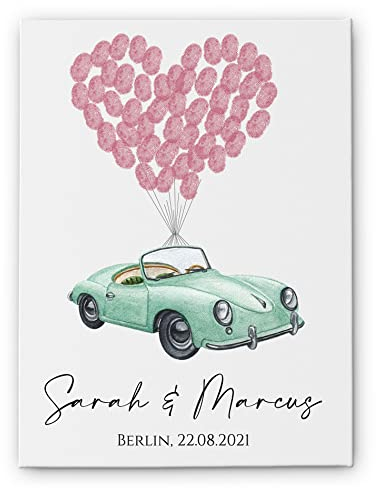 CHRISCK design Fingerabdruck Leinwand Hochzeit - 24x30 cm - Hochzeitsbaum, Luftballons, Herz, Auto, Pusteblume - Personalisierbar für Hochzeiten, Taufen, Geburtstage & mehr - Wandmontage, Wohnzimmer