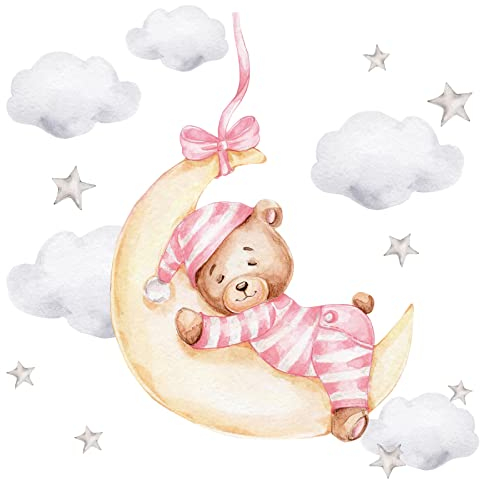 Little Deco Wandtattoo Bär auf dem Mond Wandsticker für Kinderzimmer rosa Teddybär Sterne Wanddeko DL827-2