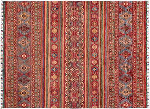 RUG PRINCE Afghan Ziegler Khorjin Teppich 170x240 Handgeknüpft Rot Streifen Orient Kurzflor e