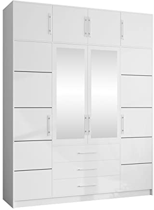 Mirjan24 Drehtürenschrank + Schrankaufsatz Bado 4D, Kleiderschrank mit Spiegel, Schubladen und Spiegeltüren, Elegantes Schlafzimmer Schrank, Jugendzimmer (Weiß)
