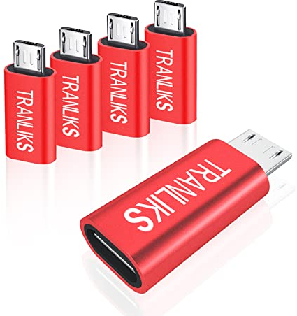 TRANLIKS 5 Pack Adapter USB C auf Micro USB, Type-C Female zu Micro-USB Male Adapter Unterstützt Fast Charging & Sync - Rot