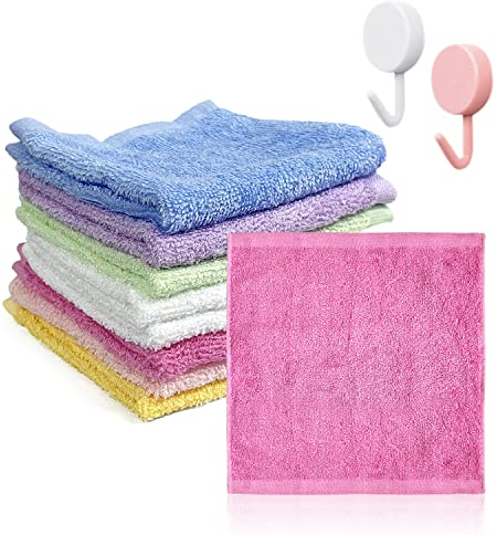 8 pcs Flannel face Cloth,with 2 Hooks, Baby washcloth, Super Soft face wash Cloth, Bamboo Fiber Towel, Reusable Facial Cleansing Cloth. use for Baby, Children, Adults Beauty, etc (10 * 10 inch)