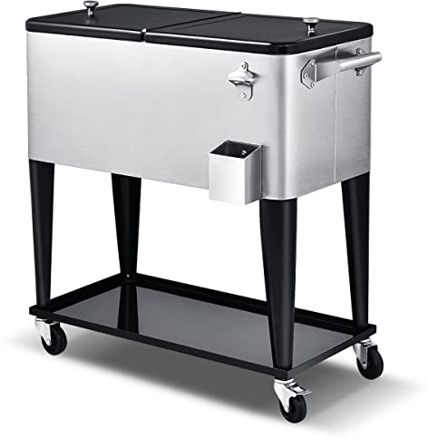 COSTWAY 80-Quart Rolling Ice Chest, Stainless Steel Beverage Cooler Cart with Wheels, Bottle Opener & Drainage Hole, Bar Party Drink Ice Bucket Trolley(Silver, with Shelf)
