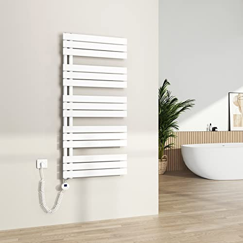 S'AFIELINA Scaldasalviette Elettrico con Termostato Bianco 1320x600mm 800 Watt Radiatore per Asciugamani con Resistenza Elettrica Timer Termoarredo per Bagno Pannello Laterale