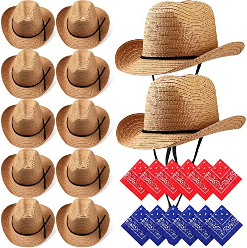 SATINIOR 12 Set Straw Cowboy Hats & Bandanas - Cowboy Party Hat Costume with Head Bandana, Khaki, Classic Style