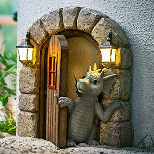Hilai Courtyard Dragon Sculpture Wall Decoration, Dragon Statues Courtyard Dinosaur Sculpture Garden Dinosaur Wall Decoration Resin Fairy Dinosaur for Tree Décor Garden Dragon Statue (Door)