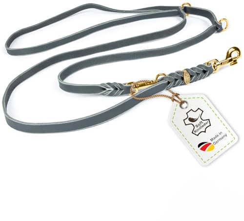 Hundeleine große Hunde Leder Fettlederleine [3-Fach Verstellbar] Lederleine geflochten – robuste Leine Hund mit Messingbeschlägen, Führleine Hund & Freihandleine – Dog Leash Grau 3,50m 20mm