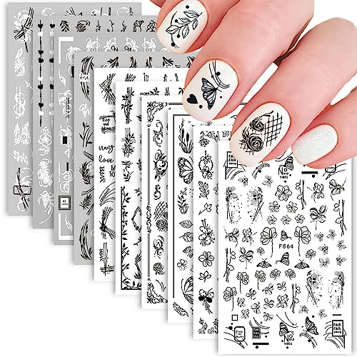 Nagelsticker Selbstklebend 10 Blatt Black White Muster Nail Art Sticker Nagelaufkleber Nagel Sticker Blumen Schmetterling Nageldesign Zubehör für Mädchen Frauen