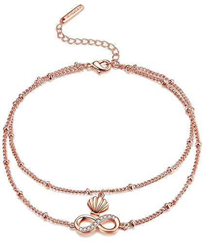 J.Endéar Fußkettchen für Damen in Gold-Silber-Rosegold | Boho fußkette mit Unendlichkeitszeichen | Zweireihige Fußkette mit Kugeln |Sommer Strand Wasserfeste Fusskettchen Schmuck für Damen Mädchen