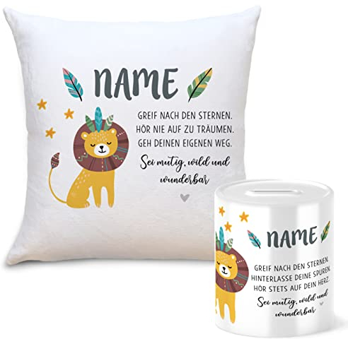 OWLBOOK Boho Löwe Spardose mit Fruchtgummiherzen Personalisiert mit Namen Geschenke Geschenkideen für Mädchen zum GeburtstagWeihnachten Einschulung Taufe Geburt Sparschwein