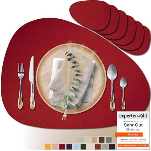Mahewa® 6er Set Premium Tischset aus Kunstleder - Platzset abwaschbar und wasserdicht - Platzdeckchen Telleruntersetzer in Lederoptik (Bordeaux, Oval)