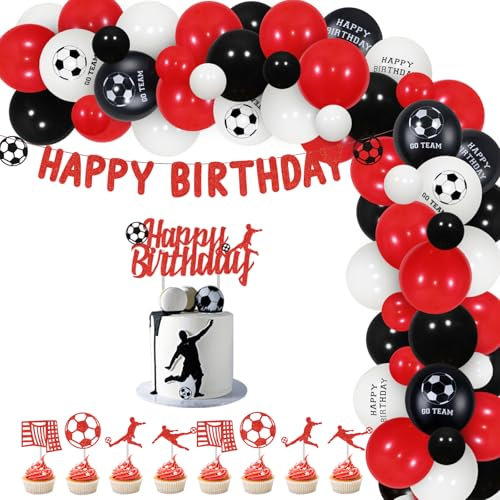 Red and White Football Birthday Decorations - Happy Birthday Banner, Cake Toppers, Balloon Arch and Balls for Boys' Football Party