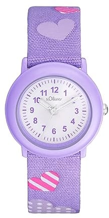 s.Oliver Armbanduhr Mädchen Kinder Quarzuhr Analog, mit Textil Armband, Lila, 3 bar Wasserdicht, Kommt in Uhren Geschenk Box, 2036750