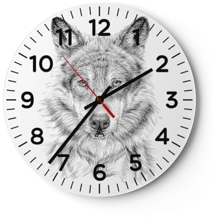 ARTTOR Moderne Glasuhr 40x40cm Rund Wanduhr Schwarz-Weiß Natur - 5956 | Wolf Skizzieren skandinavisch Glas Analog Wanduhr Lautlos Wanddekoration Wohnzimmer Küche Wanddeko Küchenuhr ARTTOR