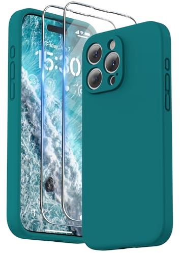 SURPHY Design for iPhone 15 Pro Max Case, Liquid Silicone [2 x Screen Protectors & 1 x Lanyard] Protection for Each Lens Shockproof Cover for iPhone 15 Pro Max 6.7 inch 2023, Teal Blue
