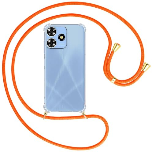 mtb more energy® Handykette kompatibel mit ZTE Blade A73 4G - Neon Orange/Goldfarbene Ösen - Smartphone Hülle zum Umhängen - Anti Shock Full TPU Case