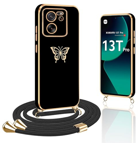 Papillon Coque avec Cordon Compatible pour Xiaomi 13T/13T Pro - TPU Antichoc Housse Case avec Collier Réglable, Noir