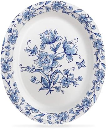 Boocikey 50 Pcs Oval Floral Paper Plates, 12 Inch, Blue, Disposable Dinner Serving Platters for Easter Spring Summer Picnic Wedding Baby Shower Party Decorations