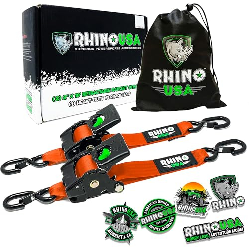 Rhino USA Selbstaufrollende Spanngurte (2er-Pack) - 5cm x 3m (1,360kg Bruchfestigkeit) - Hochleistungs-Automatik-Spanngurte für LKW, Anhänger, Motorrad, Fahrrad & Mehr - Orange