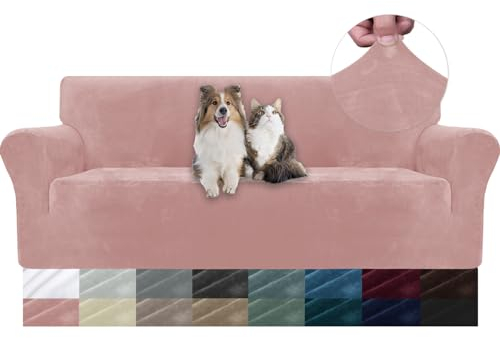 YSTELLAA Samt Sofa Überzug 3 Sitzer, Stretch Sofabezug, Sofaschoner rutschfest, Elastischer Couch Überzug, Sofa Cover Mit Armlehnen, Couchüberzüge Sofaschutz Katze, Rosa