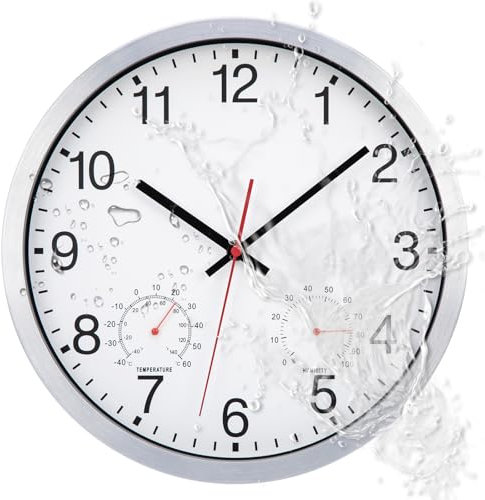ACCSHINE Reloj de Pared Exterior Blanco de 30 cm, Impermeable, con Visualización de Temperatura y Humedad, Silencioso, a Pilas, para Cocina, Dormitorio, Sala de Estar, Baño, Piscina y Jardín