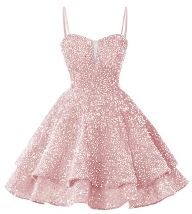 Robe de bal à paillettes pour adolescentes, col en V, robe de bal, robe de cocktail courte à volants, rose poudré, 34