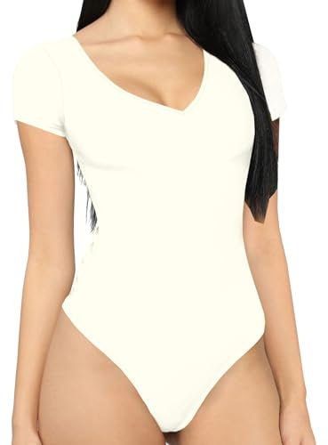 MANGDIUP bodysuit for women Short Sleeve V-Neck Casual Stretchy Basic T Shirt Bodysuit, Rice White, X-Large