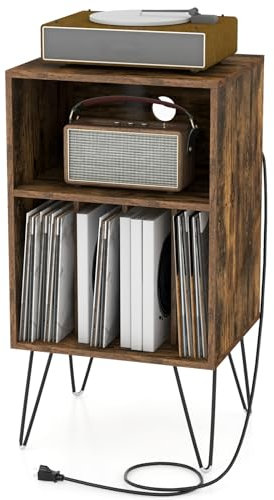 GYMAX Mobile Porta Giradischi, Scaffale a 3 Livelli con 5 Scomparti di Archiviazione, Stazione di Ricarica e Gambe in Metallo Robuste, Tavolino per Soggiorno Camera da Letto (Marrone Scuro)