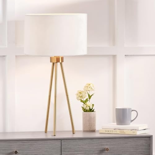 Pacific Lifestyle Metal Tripod Table Lamp with Velvet Lampshade | Elegant Small Bedside Lamp for Bedrooms | Small Table-Lamp Living Room Modern Art Deco Design (Gold)